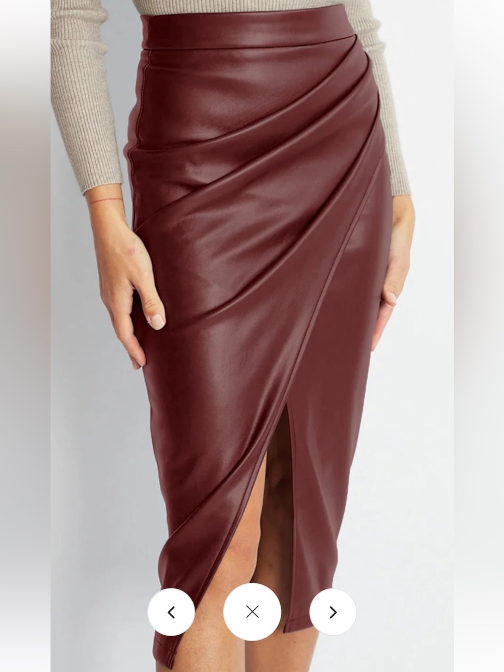 COMMENSE Burgundy Faux Leather Pleated Split Midi Skirt Medium EUC